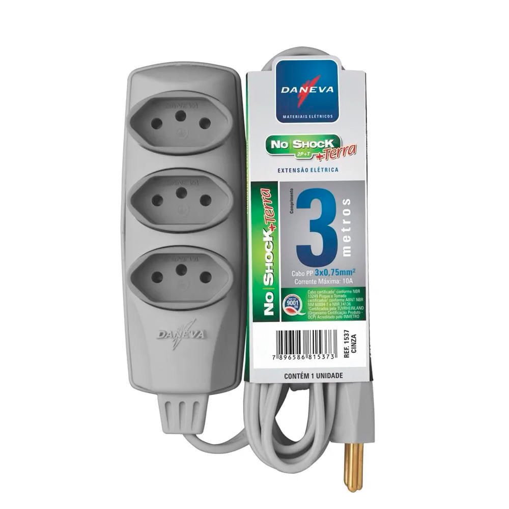 Extensão Elétrica 2P+T 3 Tomadas No Shock 3,0 Metros