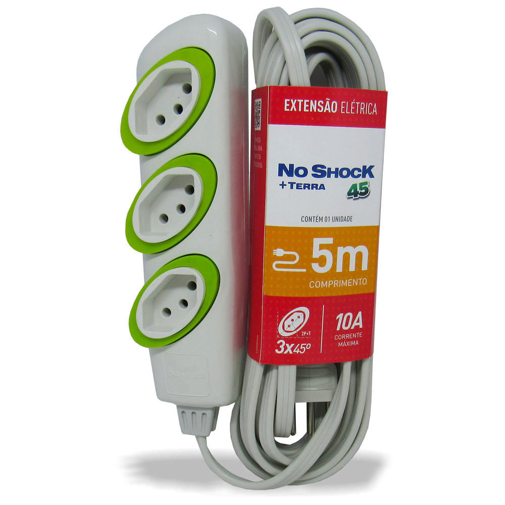 Extensão Elétrica 2P+T 3 Tomadas No Shock 5,0 Metros