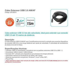 Cabo Extensor USB 3.0 Amplificado 15,0 Metros
