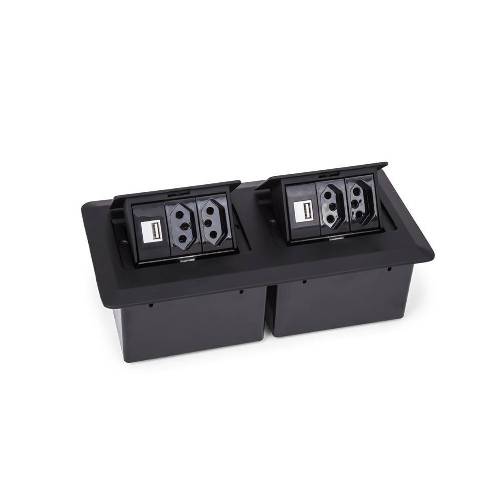 Caixa de Mesa 6 Bloco 4 Tomadas e 2 USB Preto