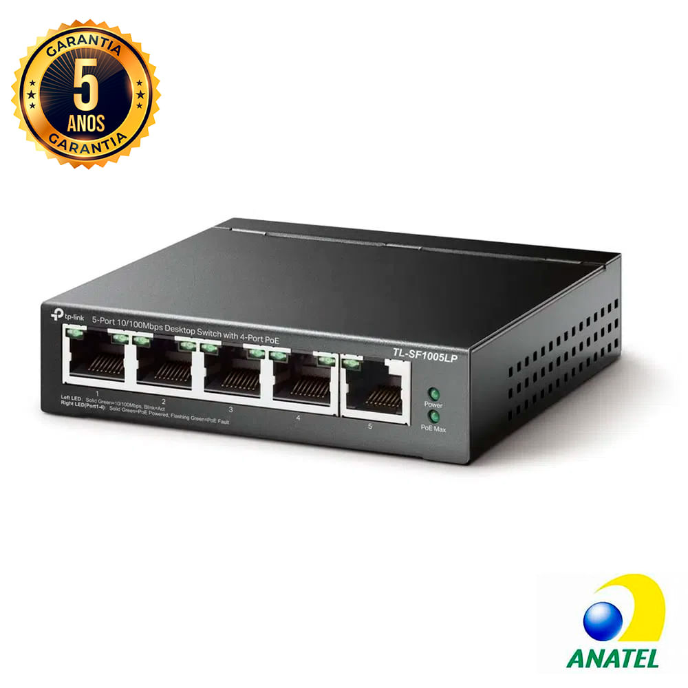 Switch 5 Portas Fast 10/100 com 4 Portas POE+ TLSF-1005LP