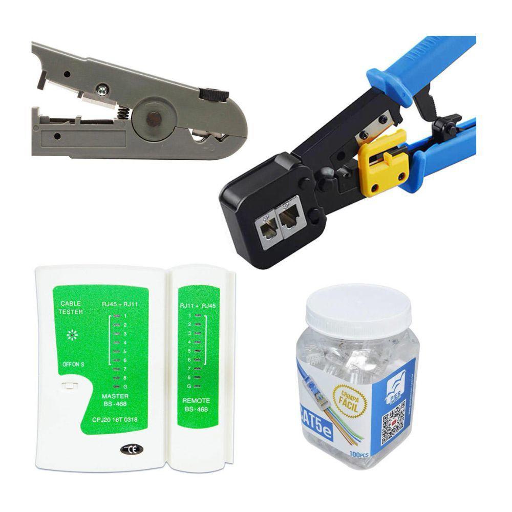 Alicate De Crimpar Conector RJ 45/12/11 EZ De Passagem + 100 Conectores CAT5e + Teste de Rede + Decapador De Cabo