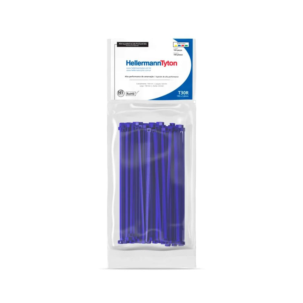 Abraçadeira Hellermann T30R Aazul Abraçadeira de Plástico T30R - Pacote Com 100 Unidades - AZUL