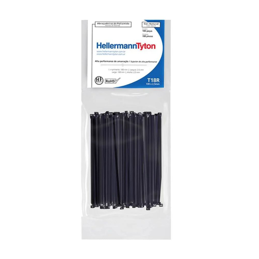 Abraçadeira Nylon T18R 100x2,5mm Hellermann 100Uni Abraçadeira de Plástico T18R Pacote com 100 unidades Preta