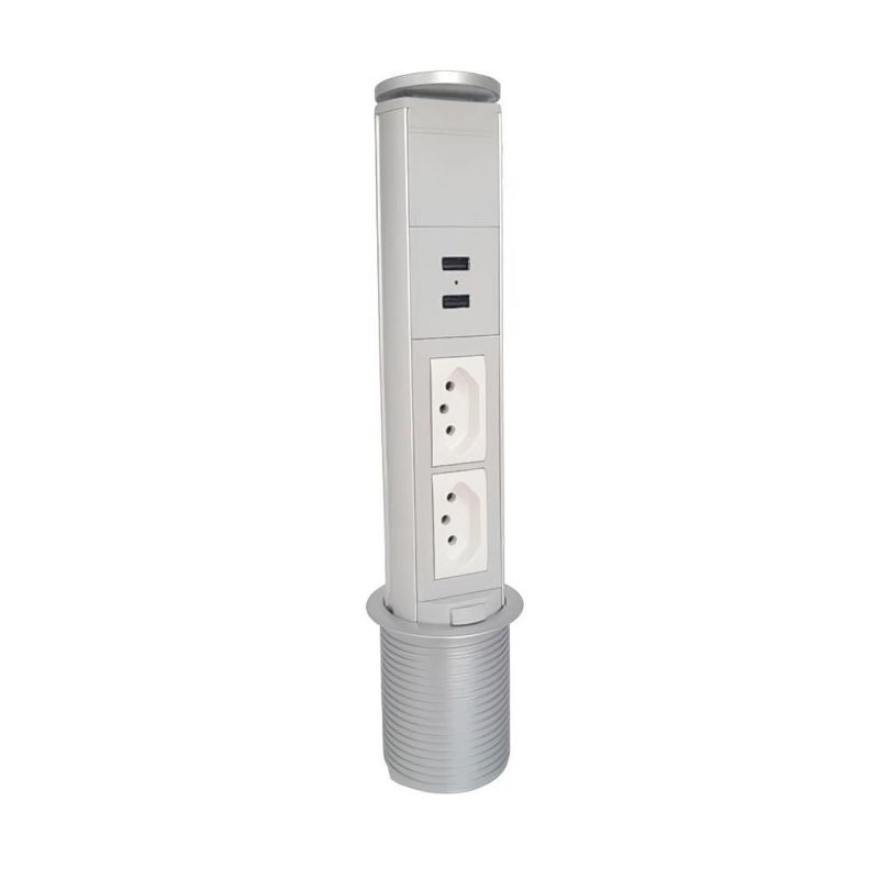 Mini Totem de Mesa Manual 2 Tomadas Elétricas NBR 10A + 2USB Cinza