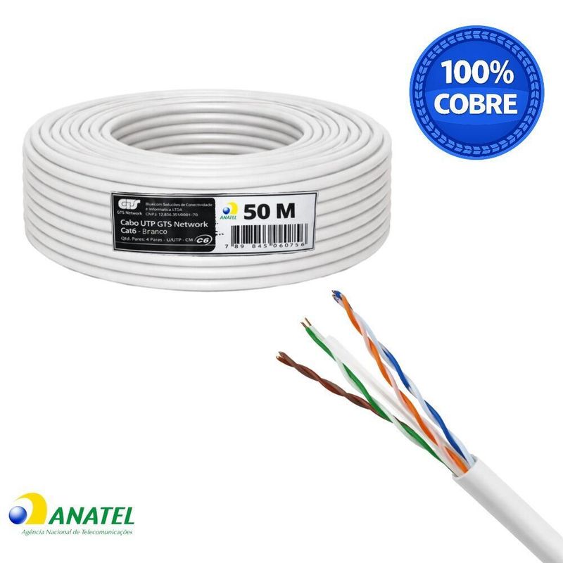 Cabo de Rede Cat6 U/UTP CM Branco Rolo com 50,0 Metros