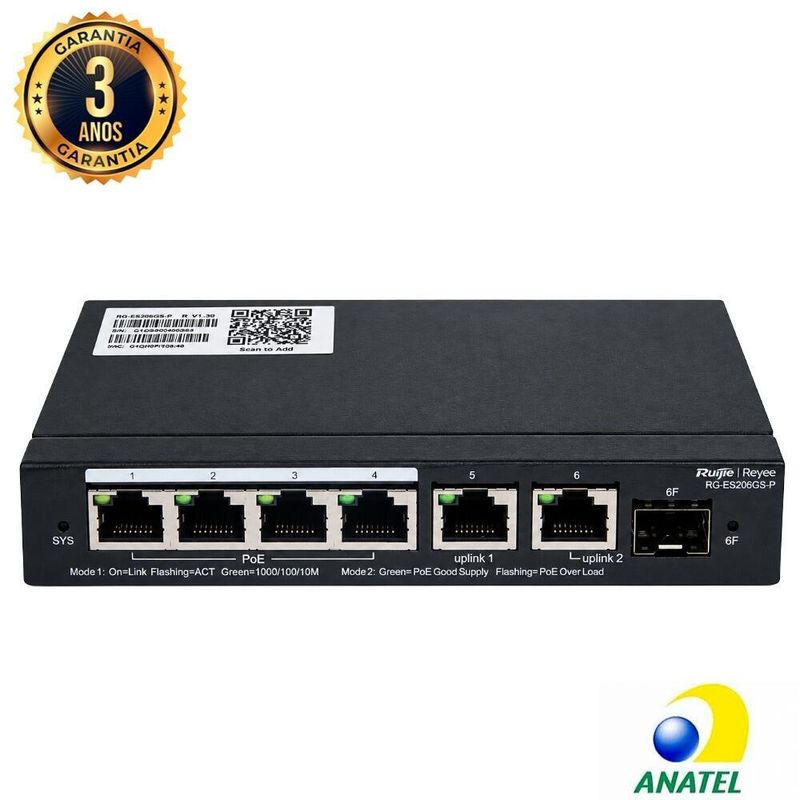 Switch Gerenciável 6 Portas Gigabit (4 Portas Poe+ 1 Rj45 + 1 Combo SFP)RG-ES206GS-P Ruijie/Reyee
