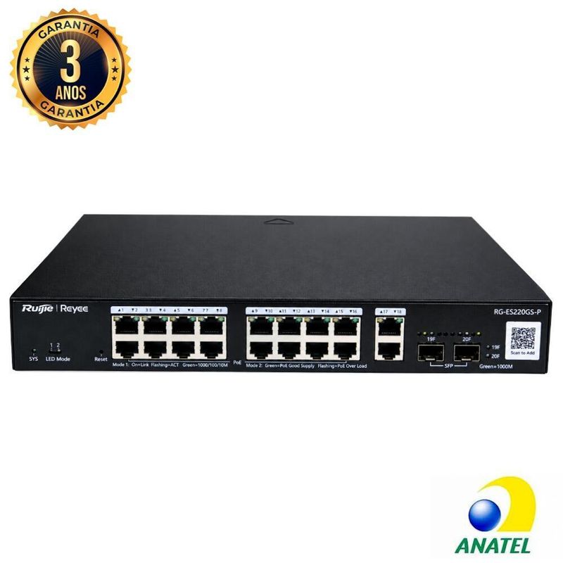 Switch Gerenciável Gigabit 20 Portas(16 Poe+, 2 RJ45 + 2 SFP)RG-ES220GS-P Ruijie/Reyee